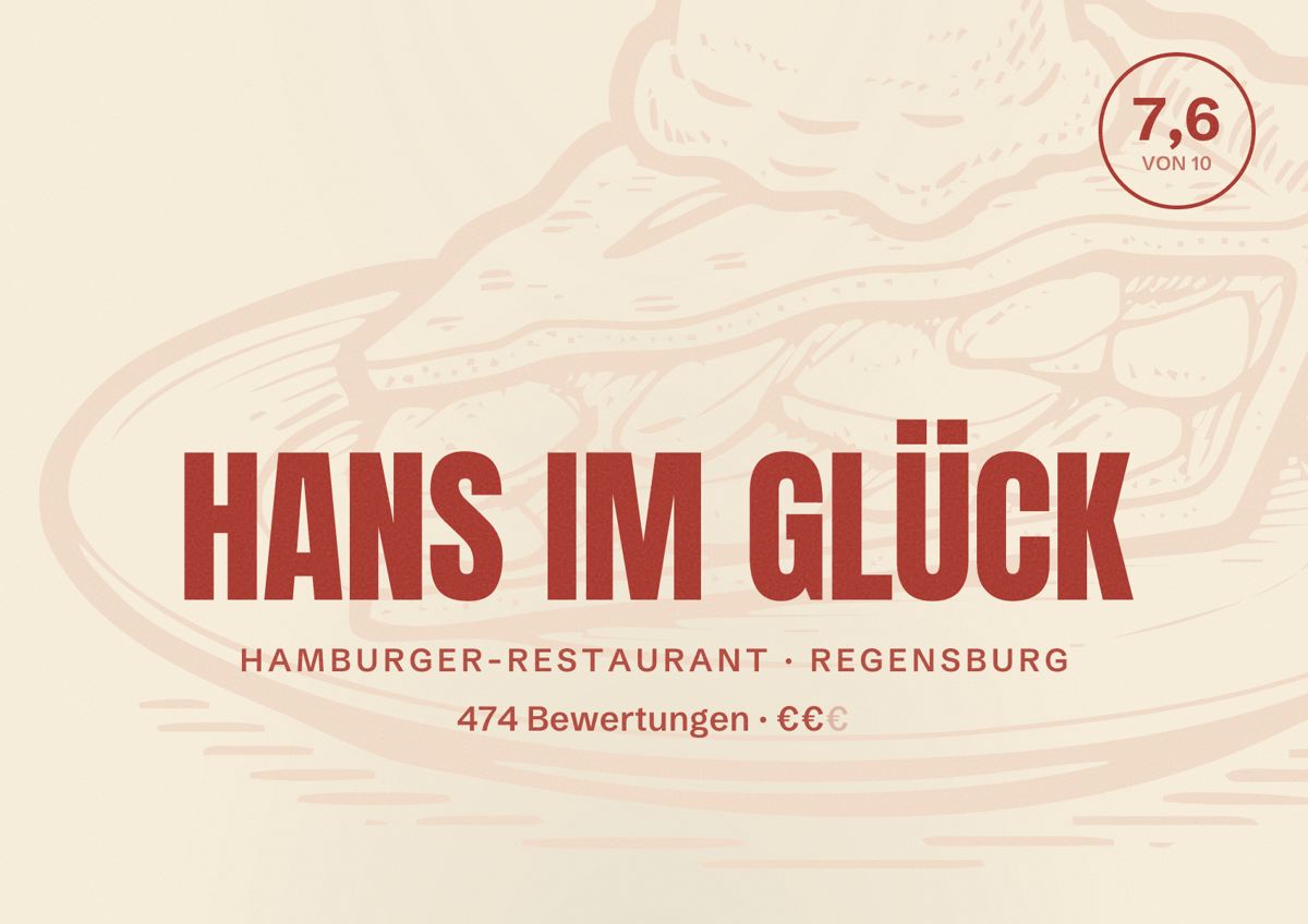 Illustriertes Poster von HANS IM GLÜCK, Hamburger-Restaurant in Regensburg: Bewertung 7,6 von 10 aus 474 Bewertungen, Preisniveau €€