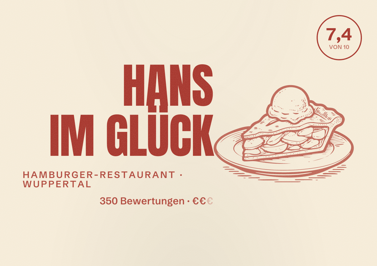 Illustriertes Poster von HANS IM GLÜCK, Hamburger-Restaurant in Wuppertal: Bewertung 7,4 von 10 aus 350 Bewertungen, Preisniveau €€