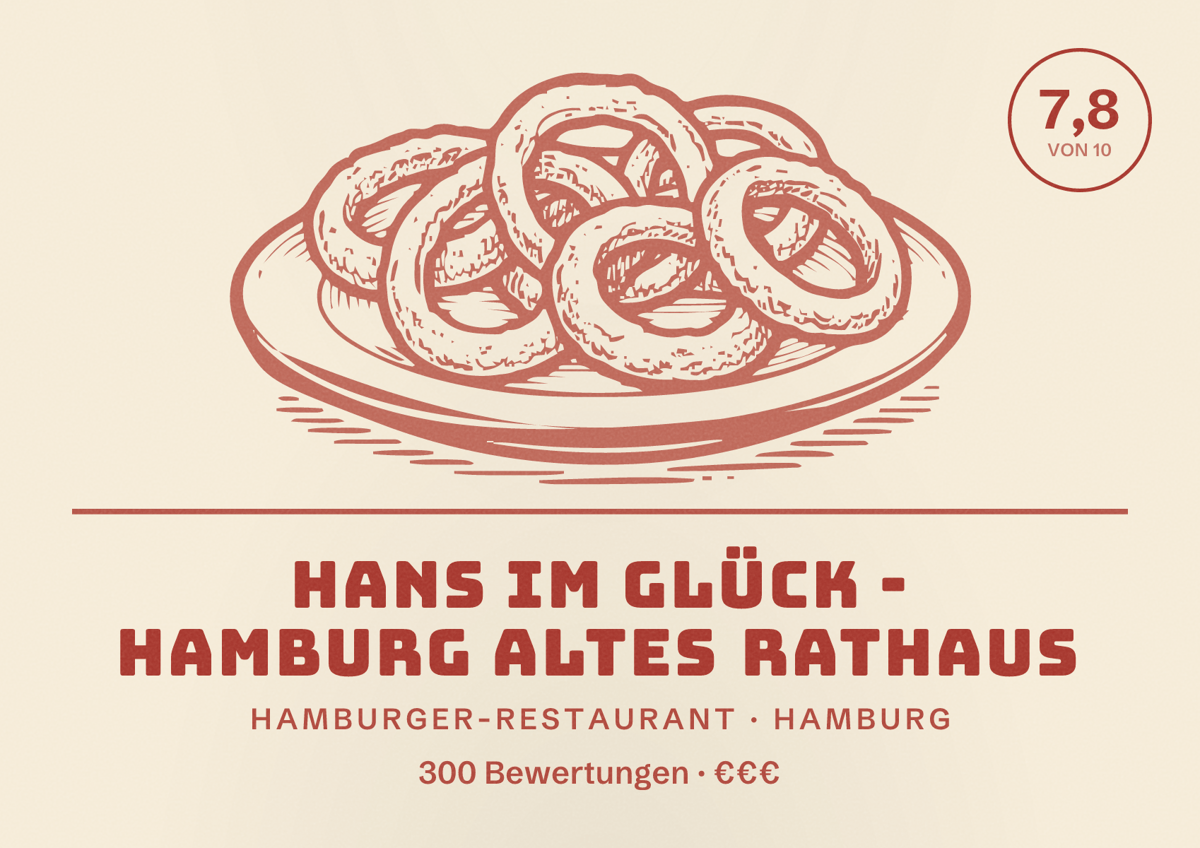 Illustriertes Poster von HANS IM GLÜCK - HAMBURG Altes Rathaus, Hamburger-Restaurant in Hamburg: Bewertung 7,8 von 10 aus 300 Bewertungen, Preisniveau €€€