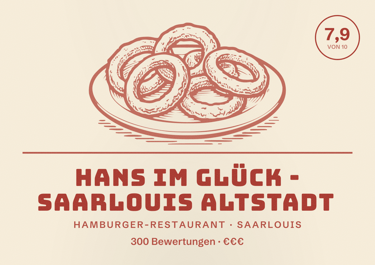 Illustriertes Poster von HANS IM GLÜCK - SAARLOUIS Altstadt, Hamburger-Restaurant in Saarlouis: Bewertung 7,9 von 10 aus 300 Bewertungen, Preisniveau €€€