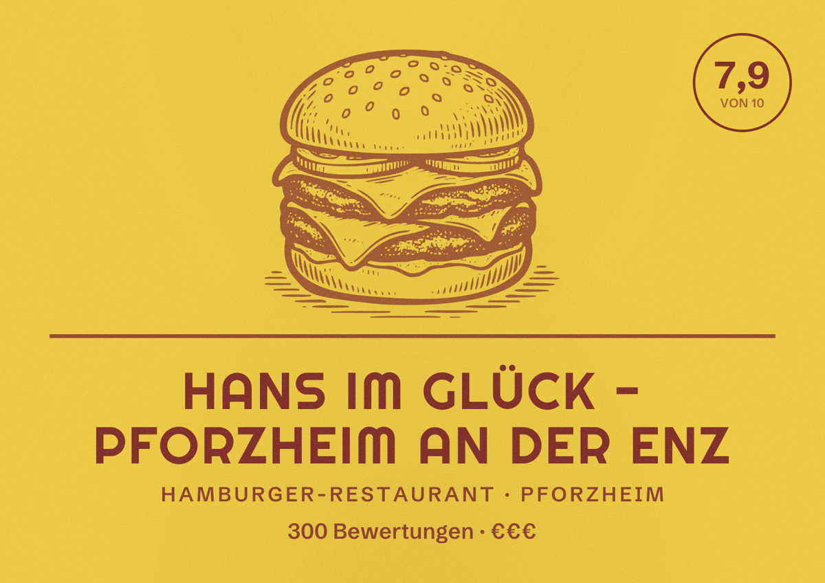 Illustriertes Poster von HANS IM GLÜCK - PFORZHEIM an der Enz, Hamburger-Restaurant in Pforzheim: Bewertung 7,9 von 10 aus 300 Bewertungen, Preisniveau €€€