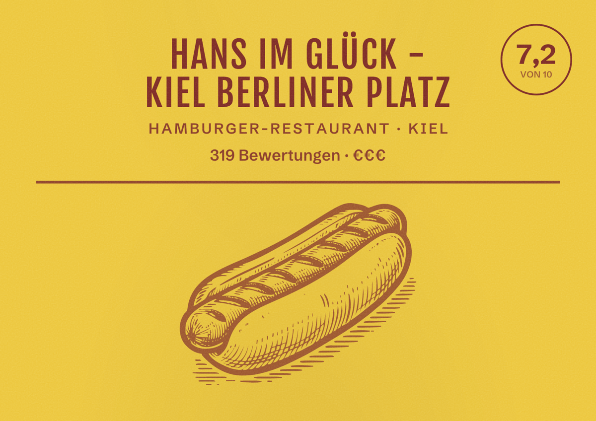 Illustriertes Poster von HANS IM GLÜCK - KIEL Berliner Platz, Hamburger-Restaurant in Kiel: Bewertung 7,2 von 10 aus 319 Bewertungen, Preisniveau €€€