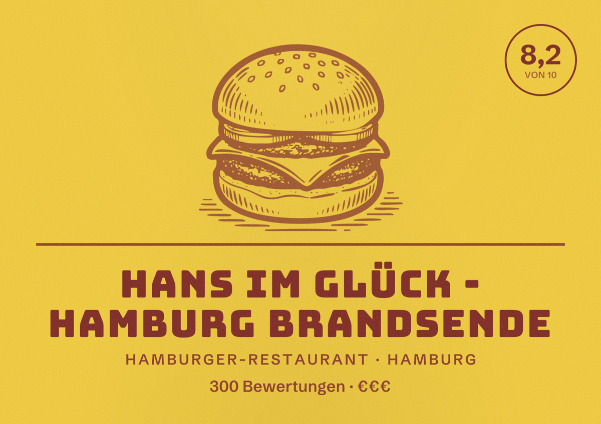 Illustriertes Poster von HANS IM GLÜCK - HAMBURG Brandsende, Hamburger-Restaurant in Hamburg: Bewertung 8,2 von 10 aus 300 Bewertungen, Preisniveau €€€