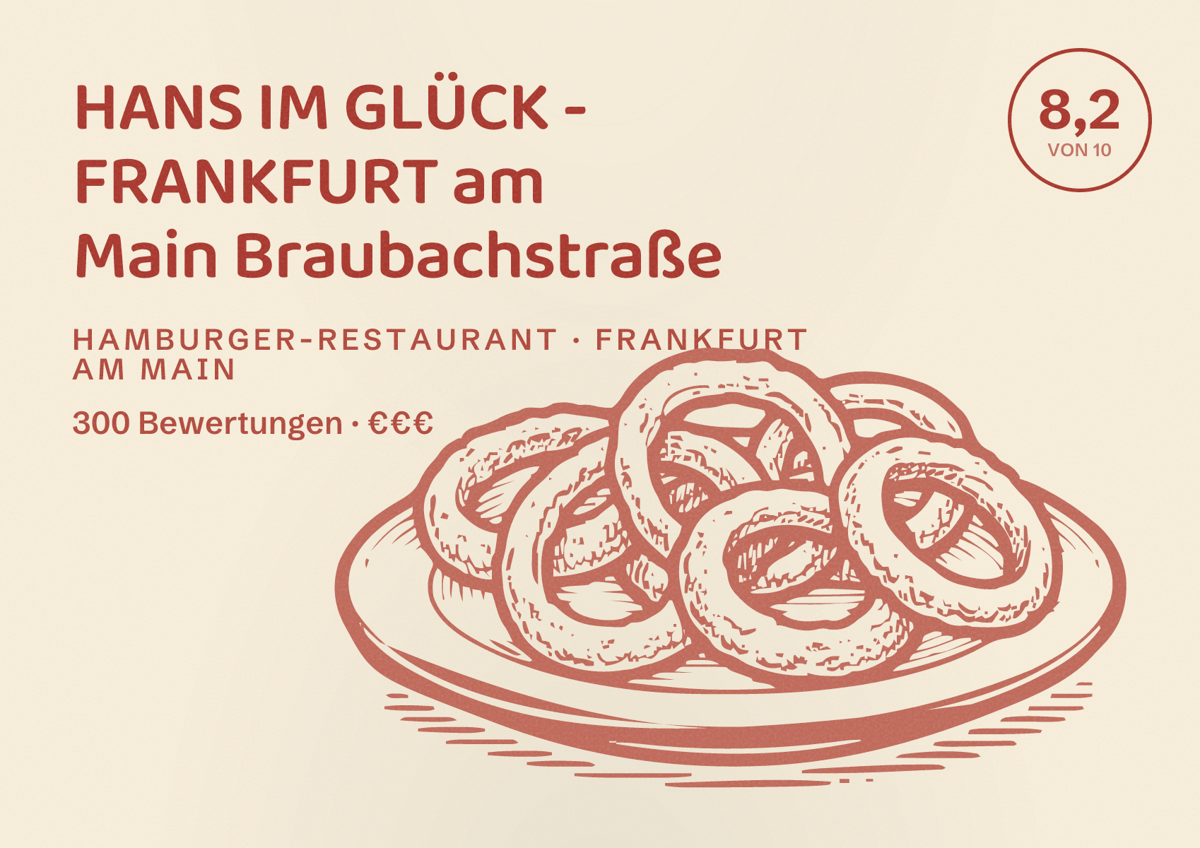 Illustriertes Poster von HANS IM GLÜCK - FRANKFURT am Main Braubachstraße, Hamburger-Restaurant in Frankfurt am Main: Bewertung 8,2 von 10 aus 300 Bewertungen, Preisniveau €€€