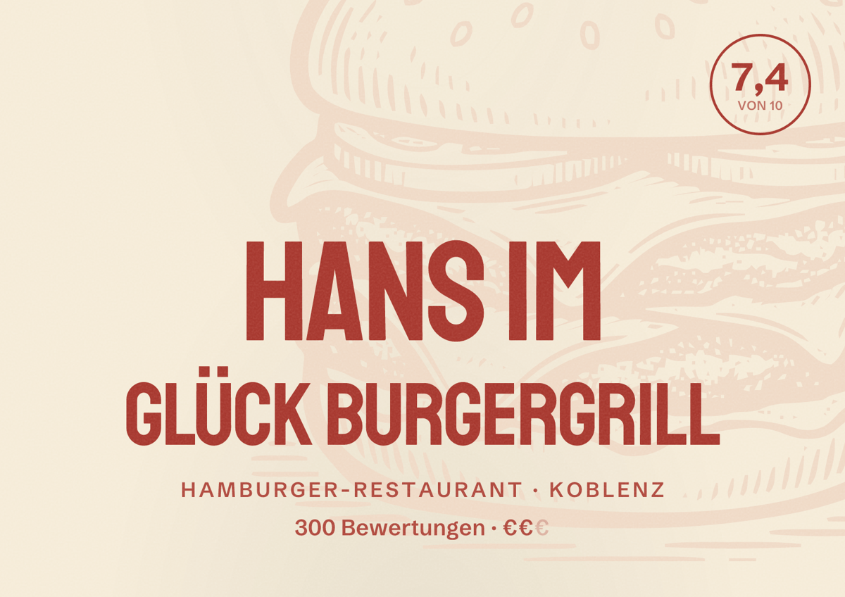 Illustriertes Poster von Hans im Glück Burgergrill, Hamburger-Restaurant in Koblenz: Bewertung 7,4 von 10 aus 300 Bewertungen, Preisniveau €€