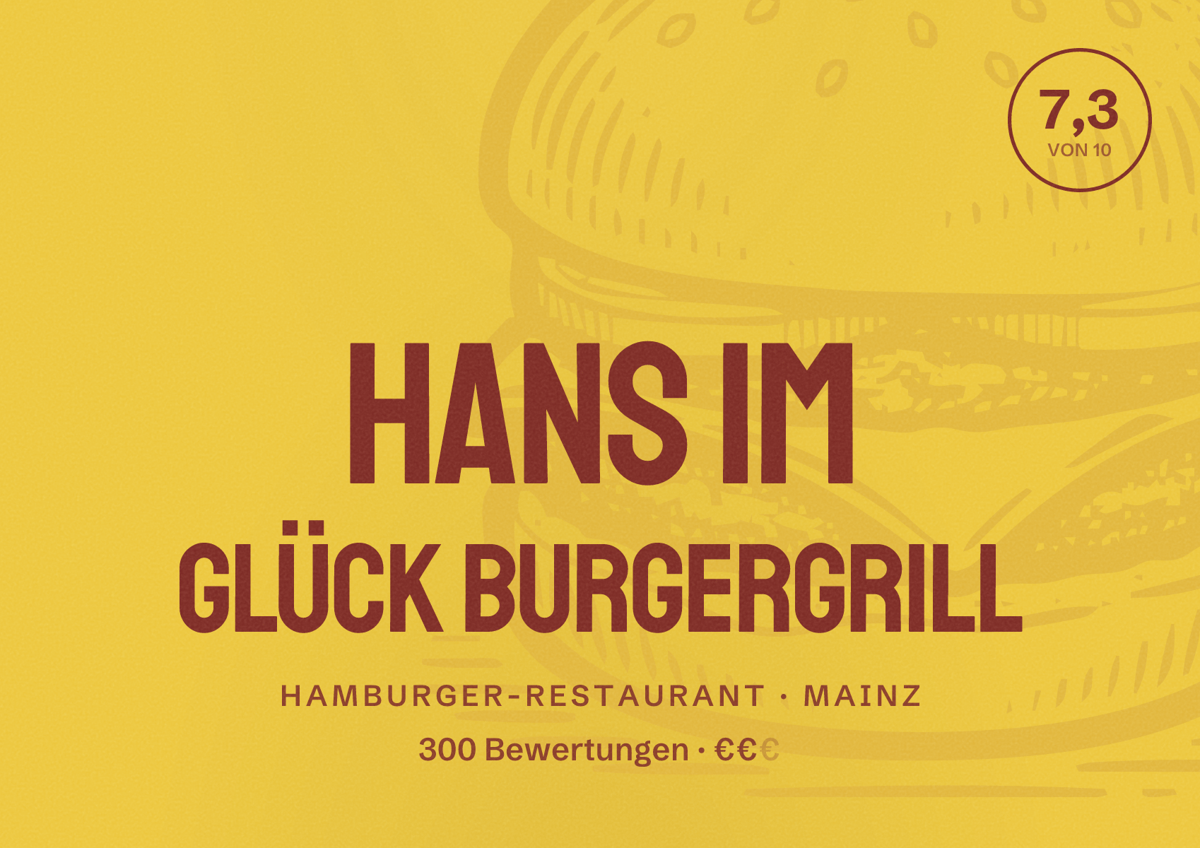 Illustriertes Poster von HANS IM GLÜCK Burgergrill, Hamburger-Restaurant in Mainz: Bewertung 7,3 von 10 aus 300 Bewertungen, Preisniveau €€