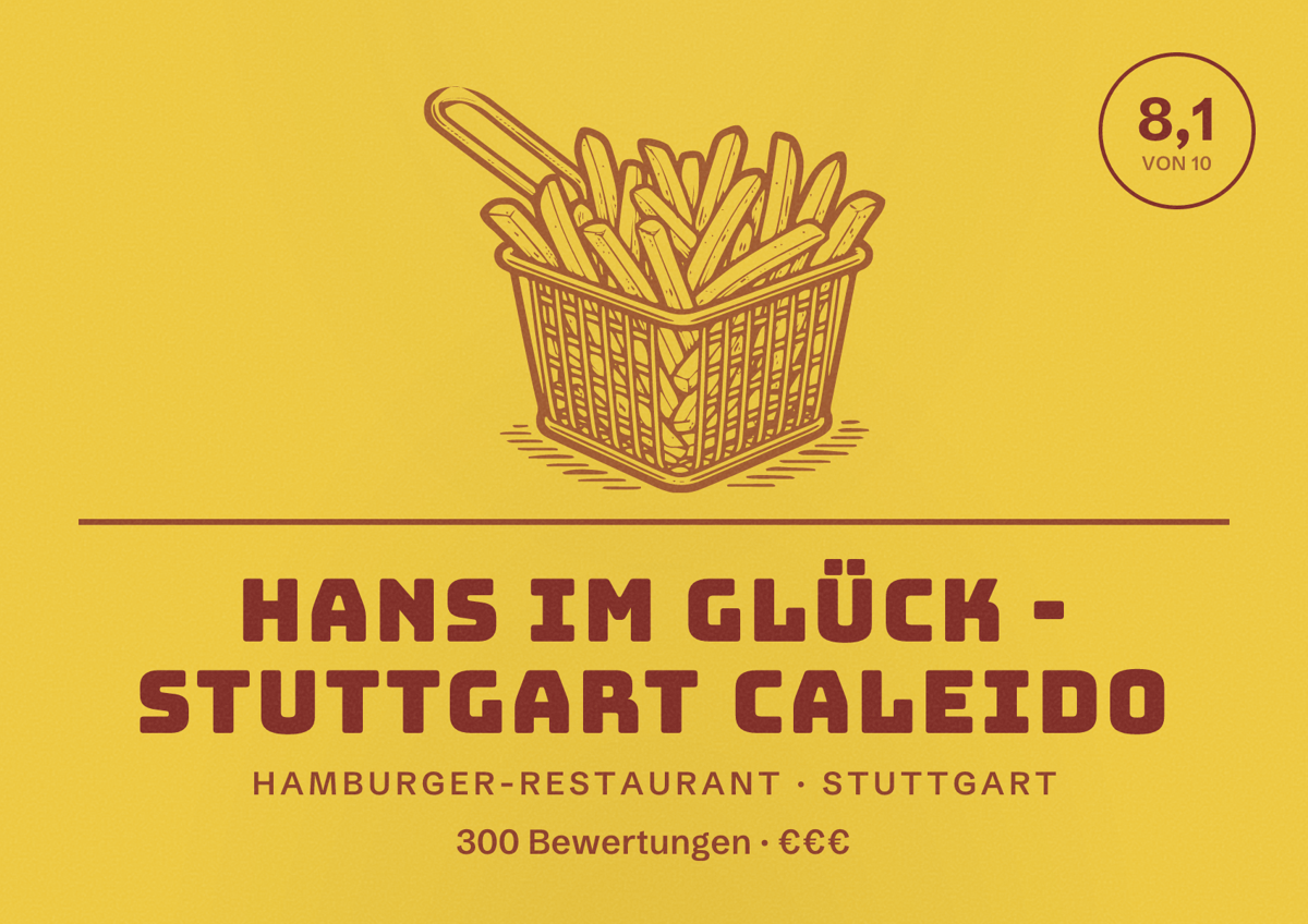 Illustriertes Poster von HANS IM GLÜCK - STUTTGART Caleido, Hamburger-Restaurant in Stuttgart: Bewertung 8,1 von 10 aus 300 Bewertungen, Preisniveau €€€