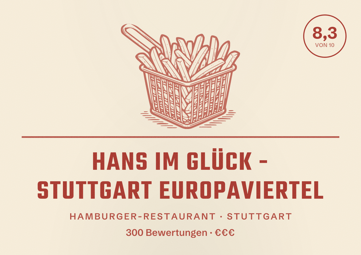 Illustriertes Poster von HANS IM GLÜCK - STUTTGART Europaviertel, Hamburger-Restaurant in Stuttgart: Bewertung 8,3 von 10 aus 300 Bewertungen, Preisniveau €€€