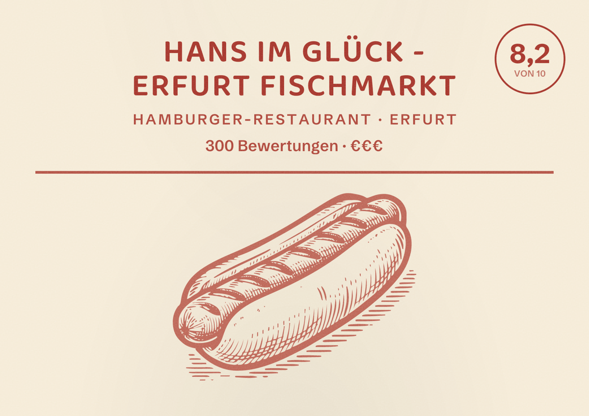 Illustriertes Poster von HANS IM GLÜCK - ERFURT Fischmarkt, Hamburger-Restaurant in Erfurt: Bewertung 8,2 von 10 aus 300 Bewertungen, Preisniveau €€€