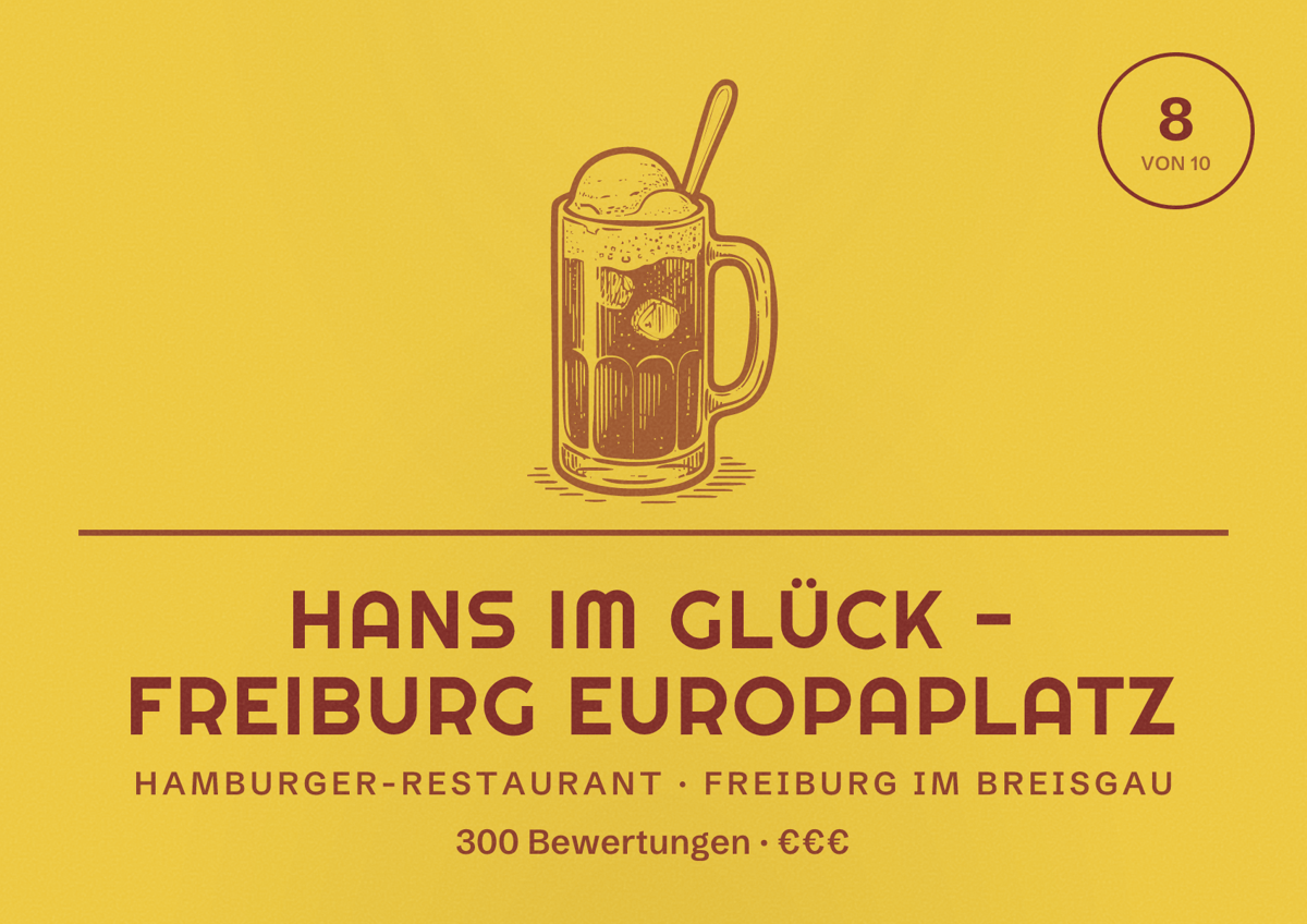 Illustriertes Poster von HANS IM GLÜCK - FREIBURG Europaplatz, Hamburger-Restaurant in Freiburg im Breisgau: Bewertung 8,0 von 10 aus 300 Bewertungen, Preisniveau €€€