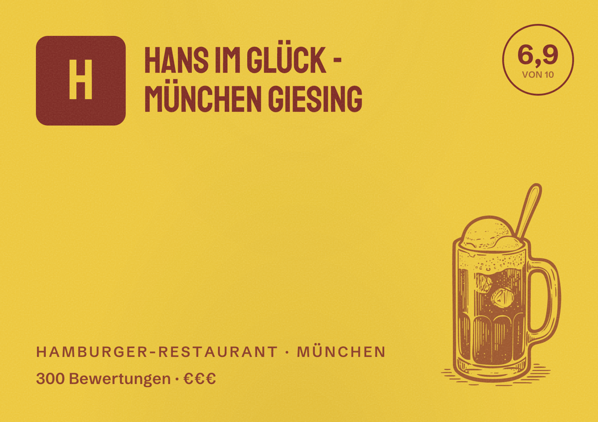 Illustriertes Poster von HANS IM GLÜCK - MÜNCHEN Giesing, Hamburger-Restaurant in München: Bewertung 6,9 von 10 aus 300 Bewertungen, Preisniveau €€€