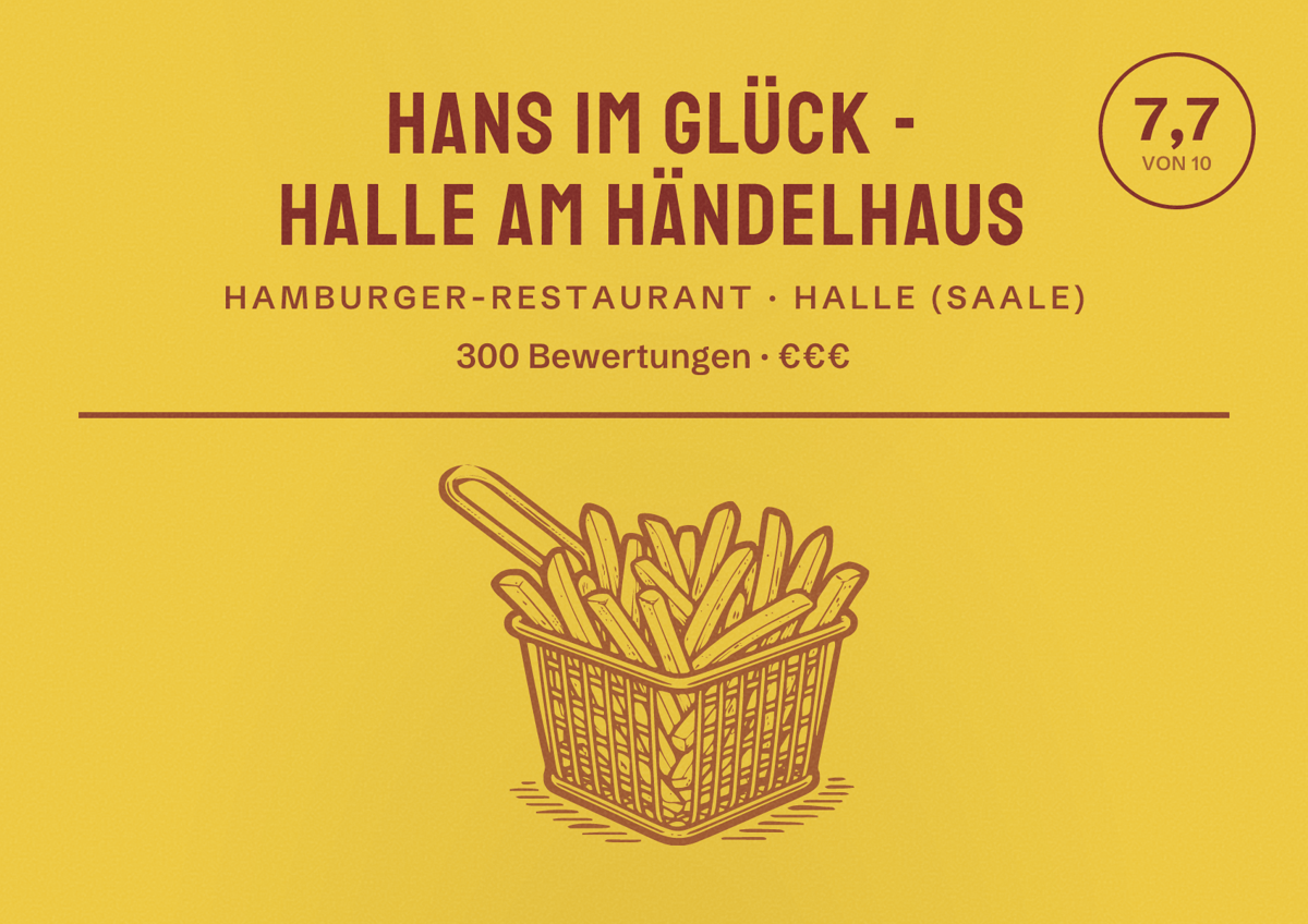 Illustriertes Poster von HANS IM GLÜCK - HALLE Am Händelhaus, Hamburger-Restaurant in Halle (Saale): Bewertung 7,7 von 10 aus 300 Bewertungen, Preisniveau €€€