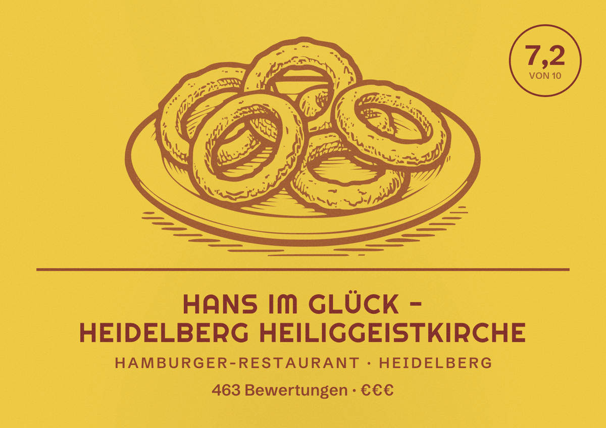 Illustriertes Poster von HANS IM GLÜCK - HEIDELBERG Heiliggeistkirche, Hamburger-Restaurant in Heidelberg: Bewertung 7,2 von 10 aus 463 Bewertungen, Preisniveau €€€