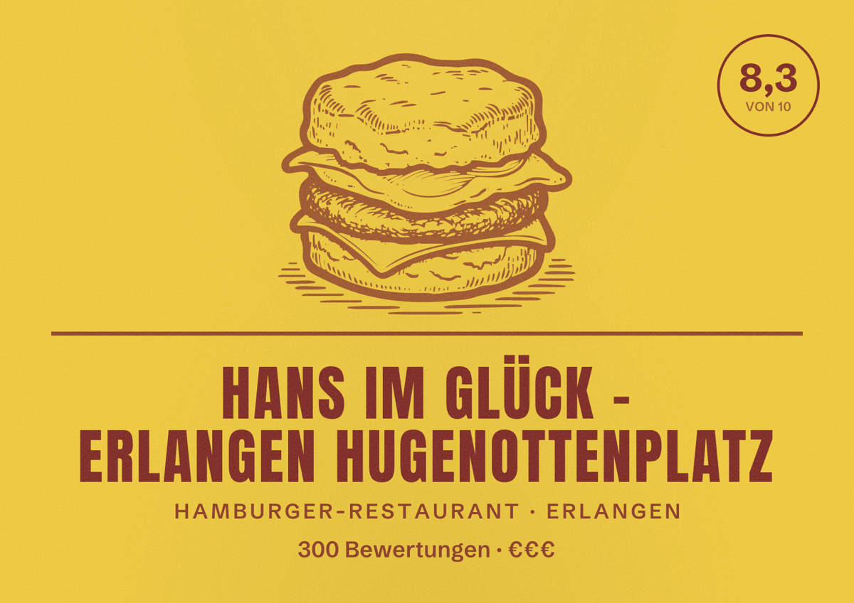 Illustriertes Poster von HANS IM GLÜCK - ERLANGEN Hugenottenplatz, Hamburger-Restaurant in Erlangen: Bewertung 8,3 von 10 aus 300 Bewertungen, Preisniveau €€€