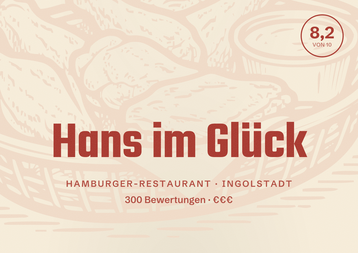 Illustriertes Poster von Hans im Glück, Hamburger-Restaurant in Ingolstadt: Bewertung 8,2 von 10 aus 300 Bewertungen, Preisniveau €€€