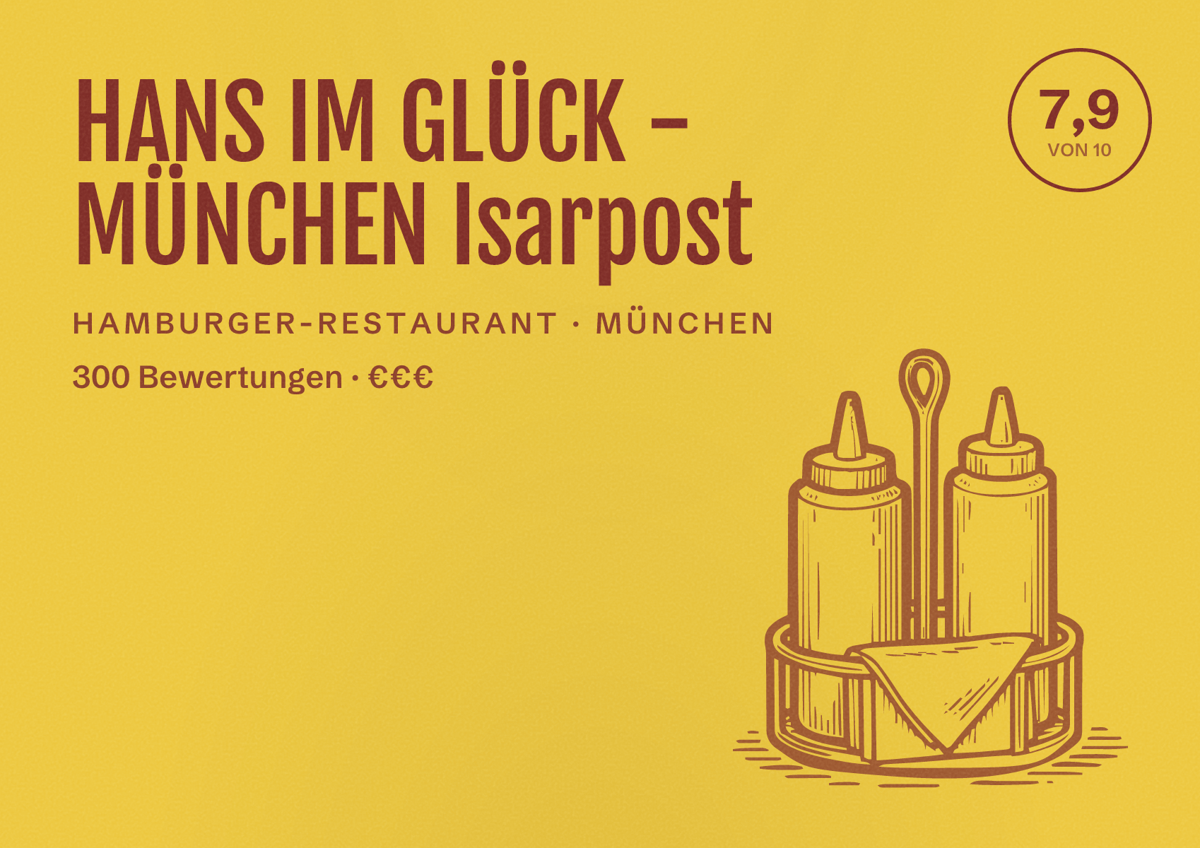 Illustriertes Poster von HANS IM GLÜCK - MÜNCHEN Isarpost, Hamburger-Restaurant in München: Bewertung 7,9 von 10 aus 300 Bewertungen, Preisniveau €€€