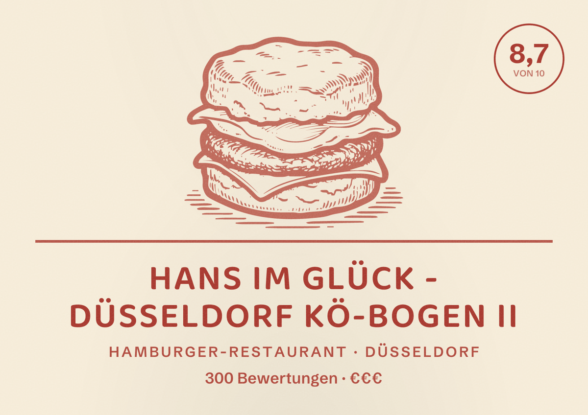 Illustriertes Poster von HANS IM GLÜCK - DÜSSELDORF Kö-Bogen II, Hamburger-Restaurant in Düsseldorf: Bewertung 8,7 von 10 aus 300 Bewertungen, Preisniveau €€€
