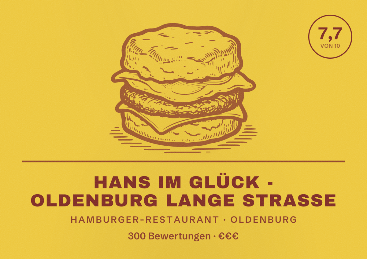 Illustriertes Poster von HANS IM GLÜCK - OLDENBURG Lange Straße, Hamburger-Restaurant in Oldenburg: Bewertung 7,7 von 10 aus 300 Bewertungen, Preisniveau €€€