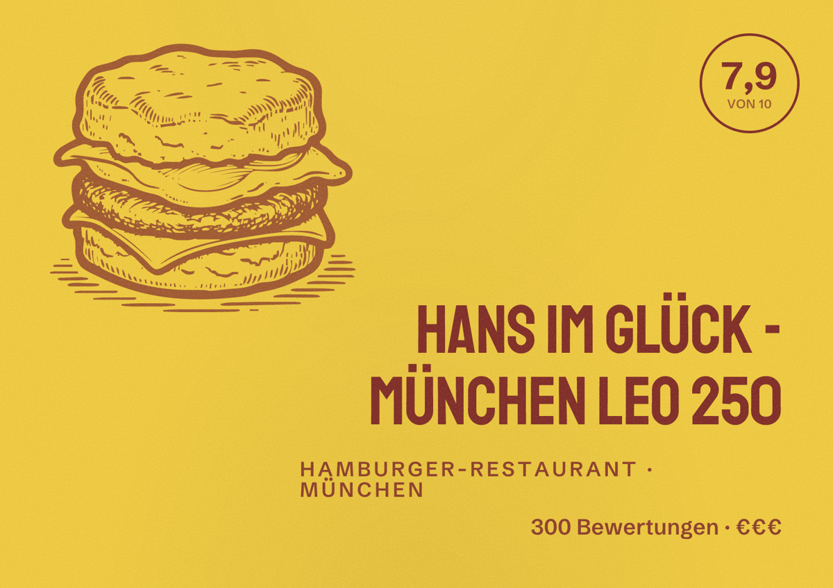 Illustriertes Poster von HANS IM GLÜCK - MÜNCHEN Leo 250, Hamburger-Restaurant in München: Bewertung 7,9 von 10 aus 300 Bewertungen, Preisniveau €€€