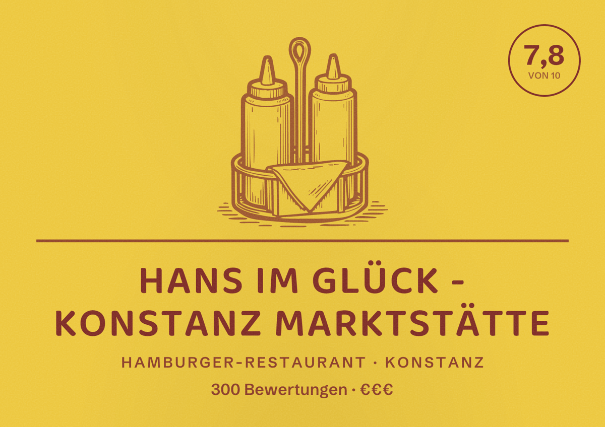 Illustriertes Poster von HANS IM GLÜCK - KONSTANZ Marktstätte, Hamburger-Restaurant in Konstanz: Bewertung 7,8 von 10 aus 300 Bewertungen, Preisniveau €€€