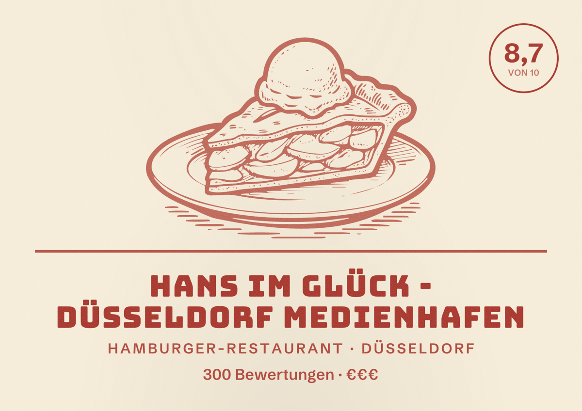 Illustriertes Poster von HANS IM GLÜCK - DÜSSELDORF Medienhafen, Hamburger-Restaurant in Düsseldorf: Bewertung 8,7 von 10 aus 300 Bewertungen, Preisniveau €€€
