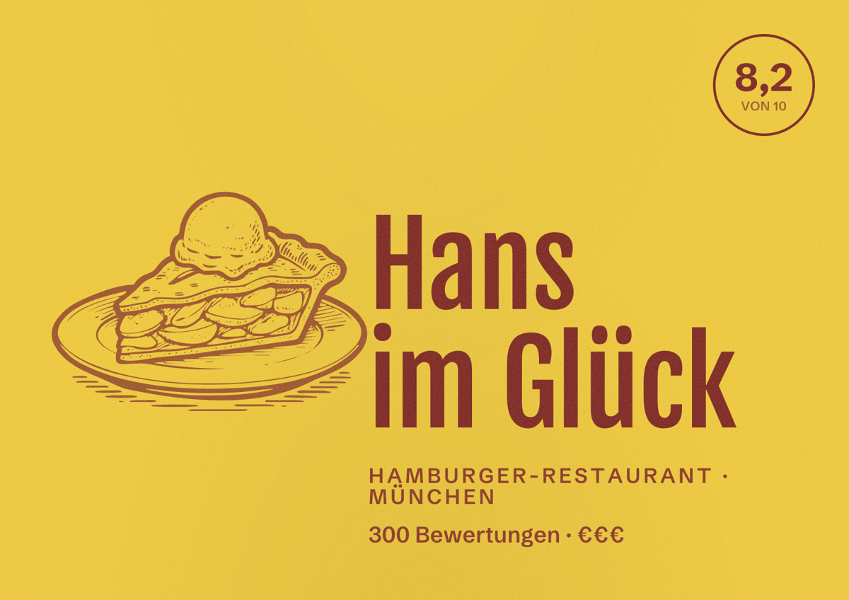 Illustriertes Poster von Hans im Glück, Hamburger-Restaurant in München: Bewertung 8,2 von 10 aus 300 Bewertungen, Preisniveau €€€