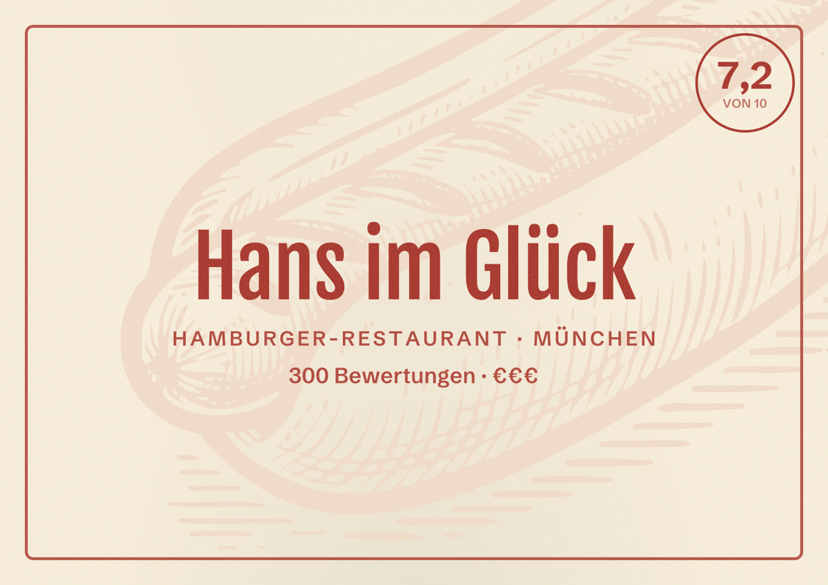 Illustriertes Poster von Hans im Glück, Hamburger-Restaurant in München: Bewertung 7,2 von 10 aus 300 Bewertungen, Preisniveau €€€