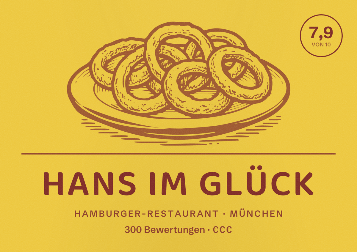 Illustriertes Poster von Hans im Glück, Hamburger-Restaurant in München: Bewertung 7,9 von 10 aus 300 Bewertungen, Preisniveau €€€