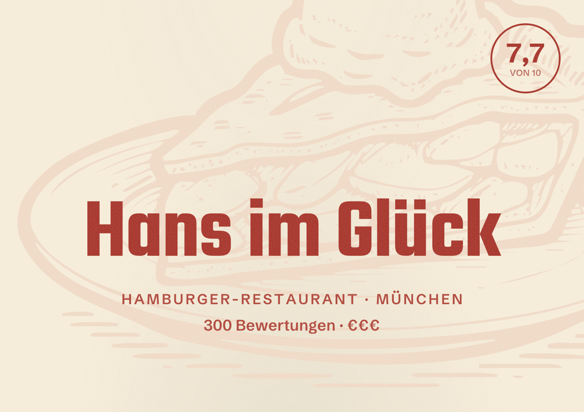 Illustriertes Poster von Hans im Glück, Hamburger-Restaurant in München: Bewertung 7,7 von 10 aus 300 Bewertungen, Preisniveau €€€