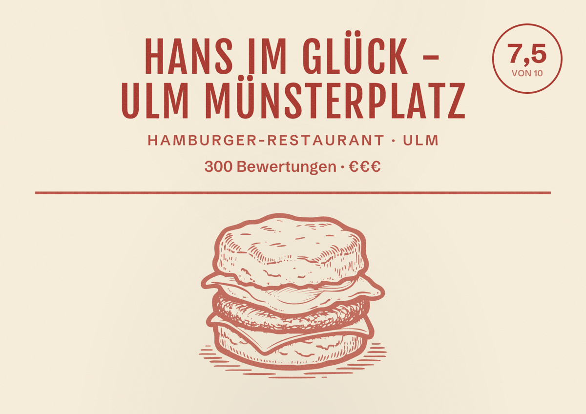 Illustriertes Poster von HANS IM GLÜCK - ULM Münsterplatz, Hamburger-Restaurant in Ulm: Bewertung 7,5 von 10 aus 300 Bewertungen, Preisniveau €€€