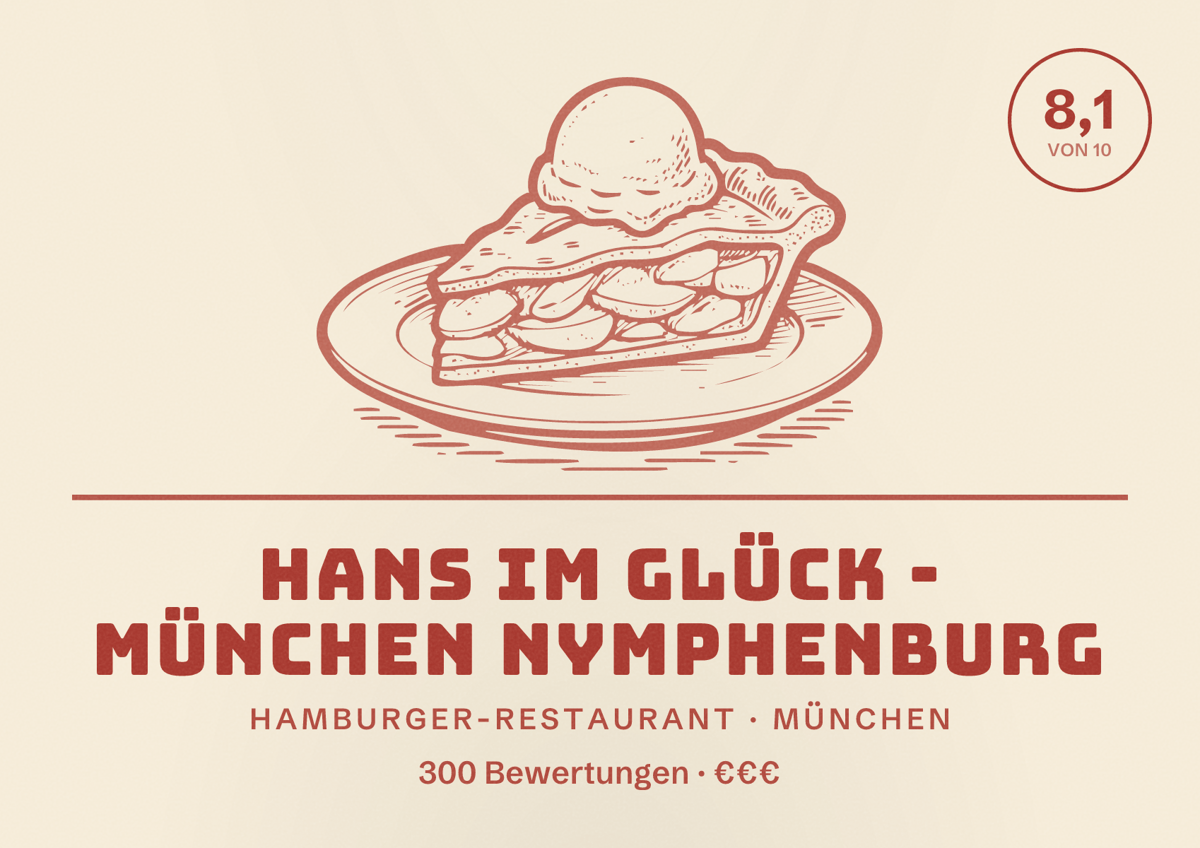 Illustriertes Poster von HANS IM GLÜCK - MÜNCHEN Nymphenburg, Hamburger-Restaurant in München: Bewertung 8,1 von 10 aus 300 Bewertungen, Preisniveau €€€