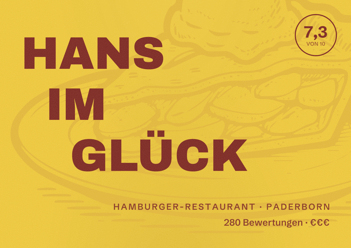 Illustriertes Poster von HANS IM GLÜCK, Hamburger-Restaurant in Paderborn: Bewertung 7,3 von 10 aus 280 Bewertungen, Preisniveau €€€