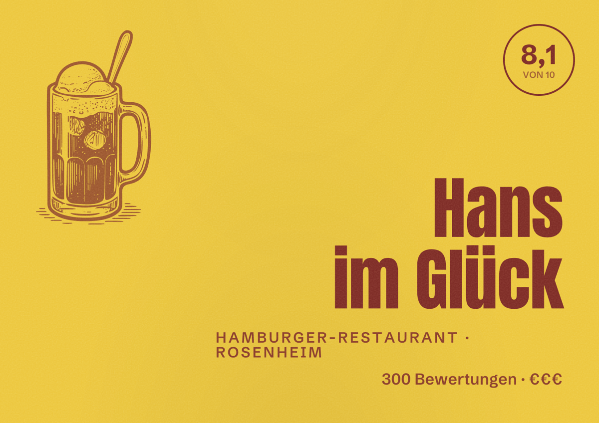 Illustriertes Poster von Hans im Glück, Hamburger-Restaurant in Rosenheim: Bewertung 8,1 von 10 aus 300 Bewertungen, Preisniveau €€€