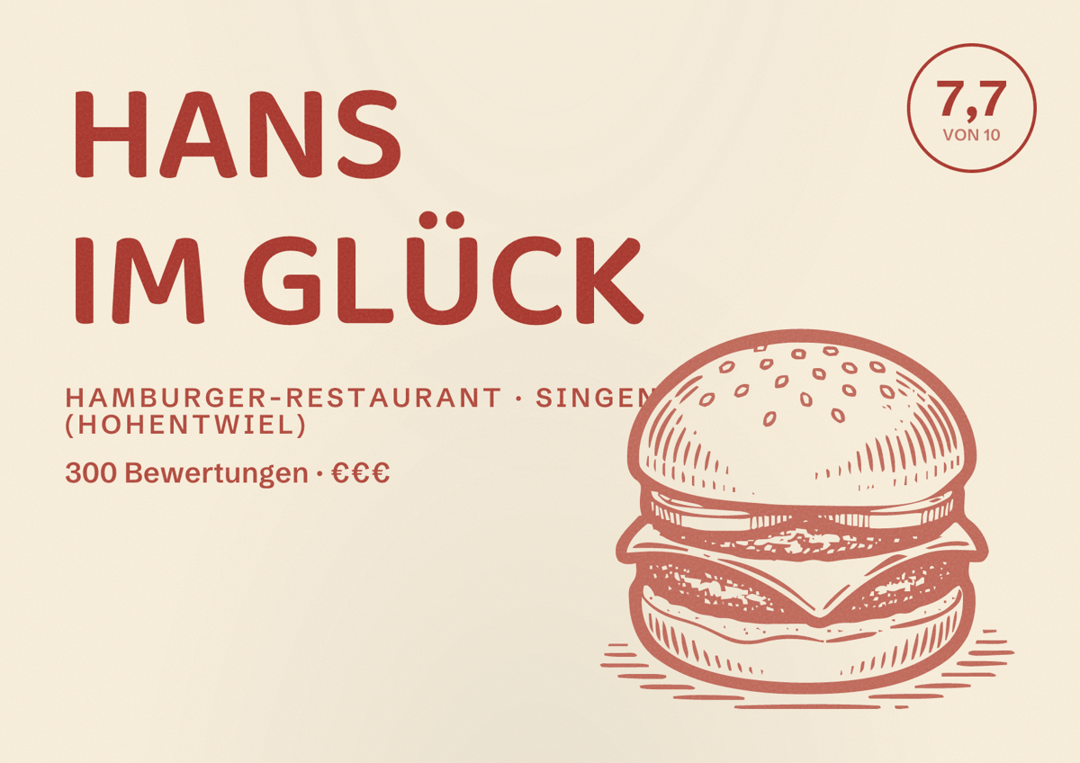 Illustriertes Poster von HANS IM GLÜCK, Hamburger-Restaurant in Singen (Hohentwiel): Bewertung 7,7 von 10 aus 300 Bewertungen, Preisniveau €€€