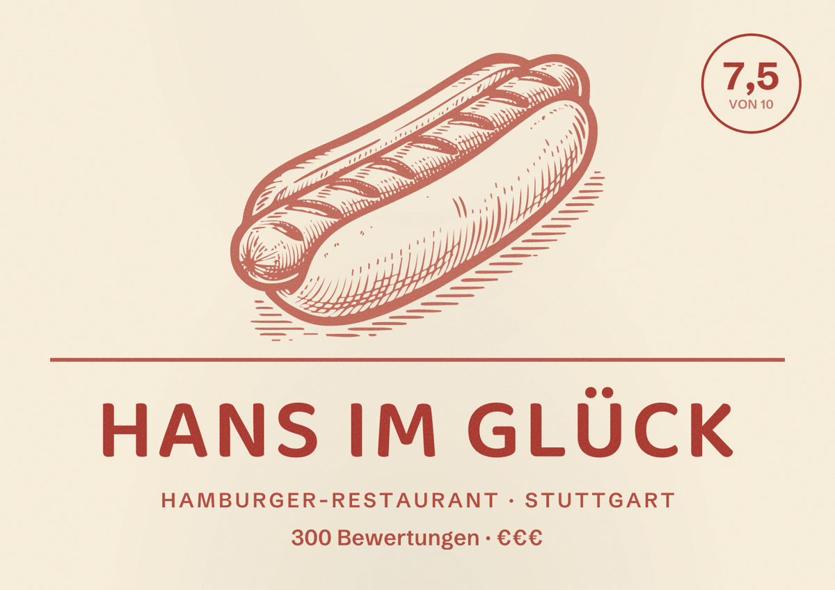 Illustriertes Poster von Hans im Glück, Hamburger-Restaurant in Stuttgart: Bewertung 7,5 von 10 aus 300 Bewertungen, Preisniveau €€€