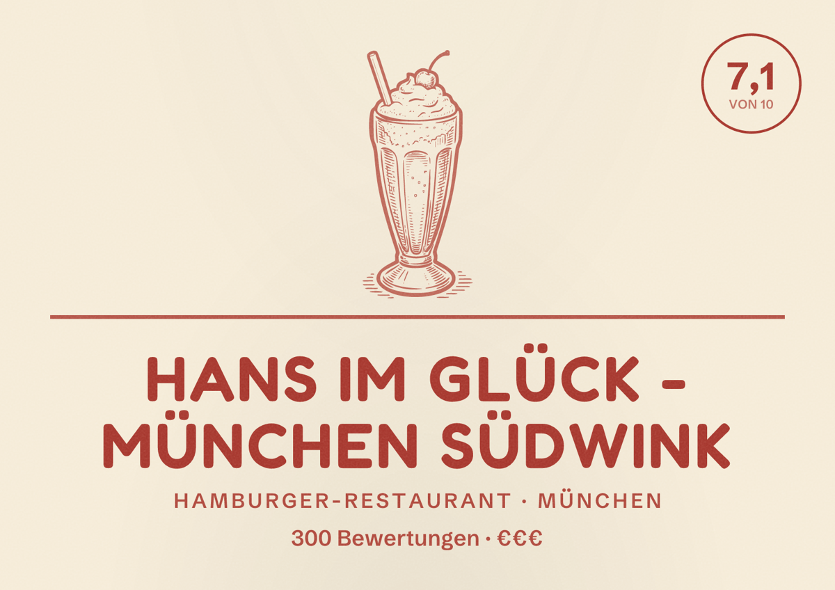 Illustriertes Poster von HANS IM GLÜCK - MÜNCHEN Südwink, Hamburger-Restaurant in München: Bewertung 7,1 von 10 aus 300 Bewertungen, Preisniveau €€€