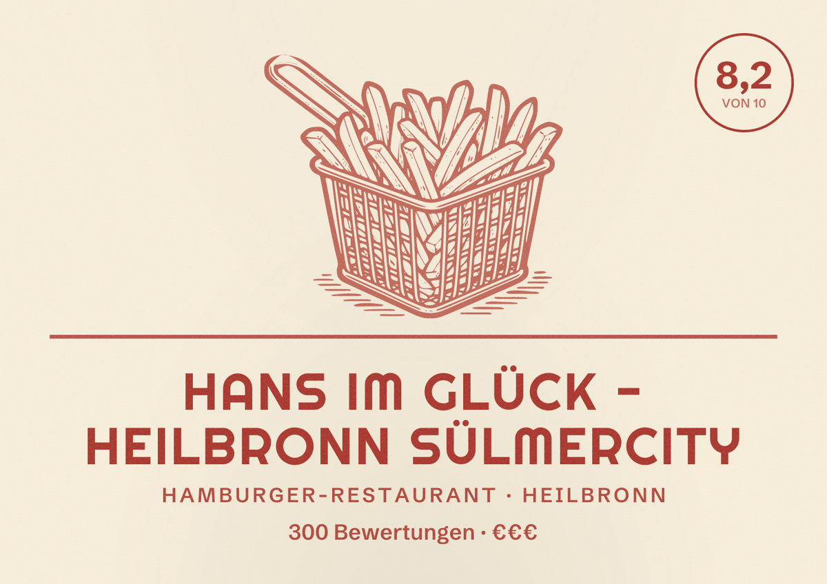 Illustriertes Poster von HANS IM GLÜCK - HEILBRONN Sülmercity, Hamburger-Restaurant in Heilbronn: Bewertung 8,2 von 10 aus 300 Bewertungen, Preisniveau €€€