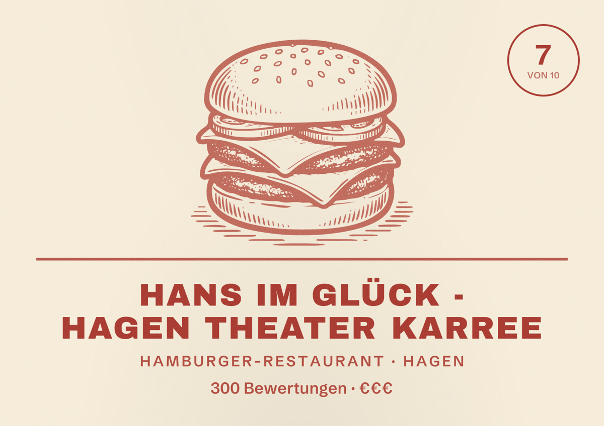 Illustriertes Poster von HANS IM GLÜCK - HAGEN Theater Karree, Hamburger-Restaurant in Hagen: Bewertung 7 von 10 aus 300 Bewertungen, Preisniveau €€€