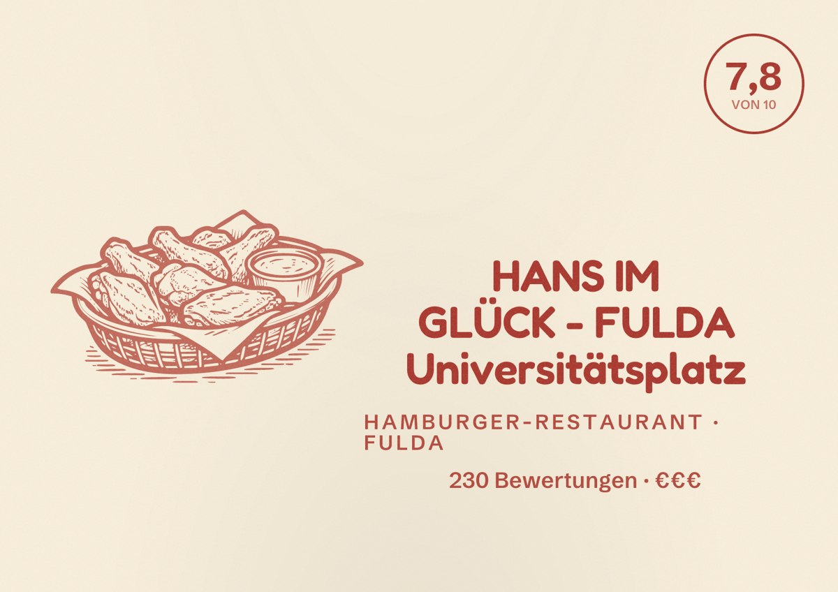 Illustriertes Poster von HANS IM GLÜCK - FULDA Universitätsplatz, Hamburger-Restaurant in Fulda: Bewertung 7,8 von 10 aus 230 Bewertungen, Preisniveau €€€