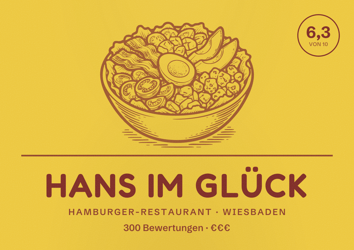 Illustriertes Poster von Hans im Glück, Hamburger-Restaurant in Wiesbaden: Bewertung 6,3 von 10 aus 300 Bewertungen, Preisniveau €€€