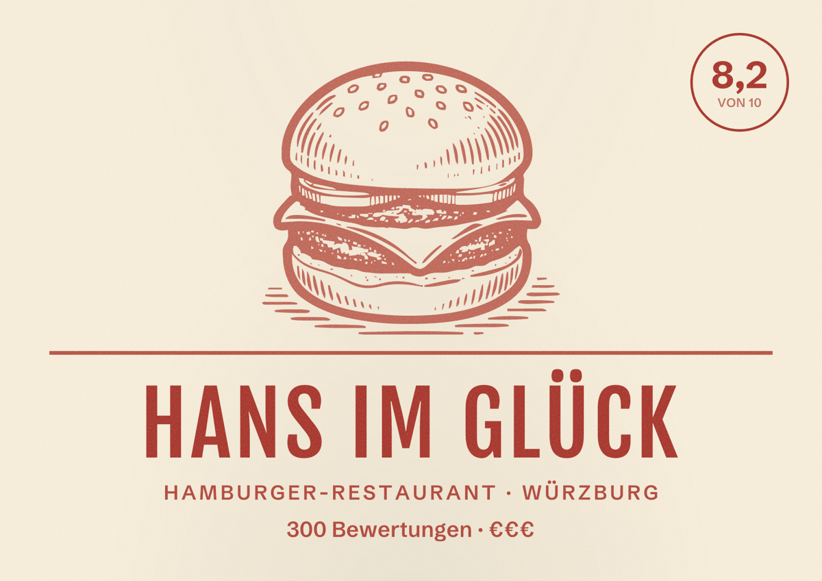 Illustriertes Poster von Hans im Glück, Hamburger-Restaurant in Würzburg: Bewertung 8,2 von 10 aus 300 Bewertungen, Preisniveau €€€