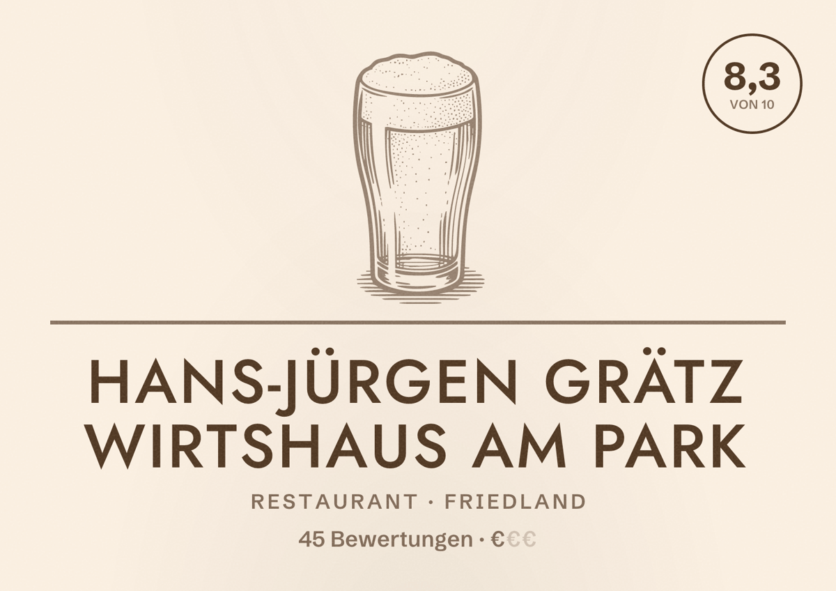 Illustriertes Poster von Hans-Jürgen Grätz Wirtshaus am Park, Restaurant in Friedland: Bewertung 8,3 von 10 aus 45 Bewertungen, Preisniveau €