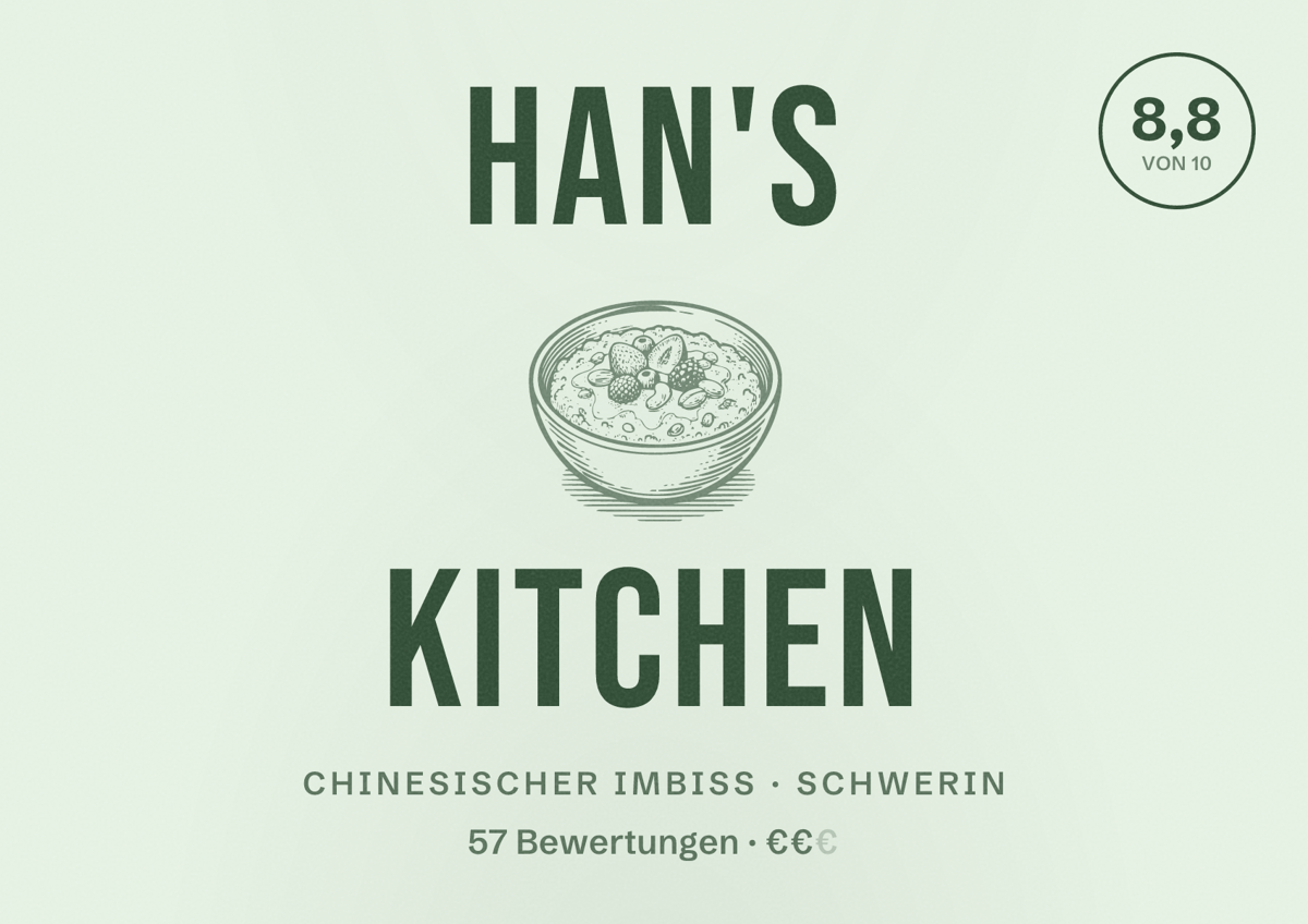 Illustriertes Poster von Han's Kitchen, Chinesischer Imbiss in Schwerin: Bewertung 8,8 von 10 aus 57 Bewertungen, Preisniveau €€