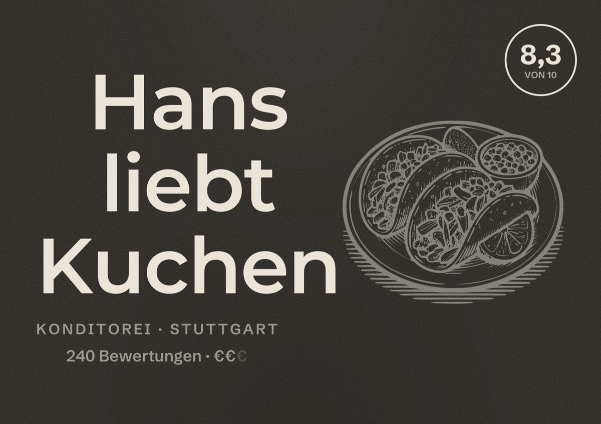Illustriertes Poster von Hans liebt Kuchen, Konditorei in Stuttgart: Bewertung 8,3 von 10 aus 240 Bewertungen, Preisniveau €€