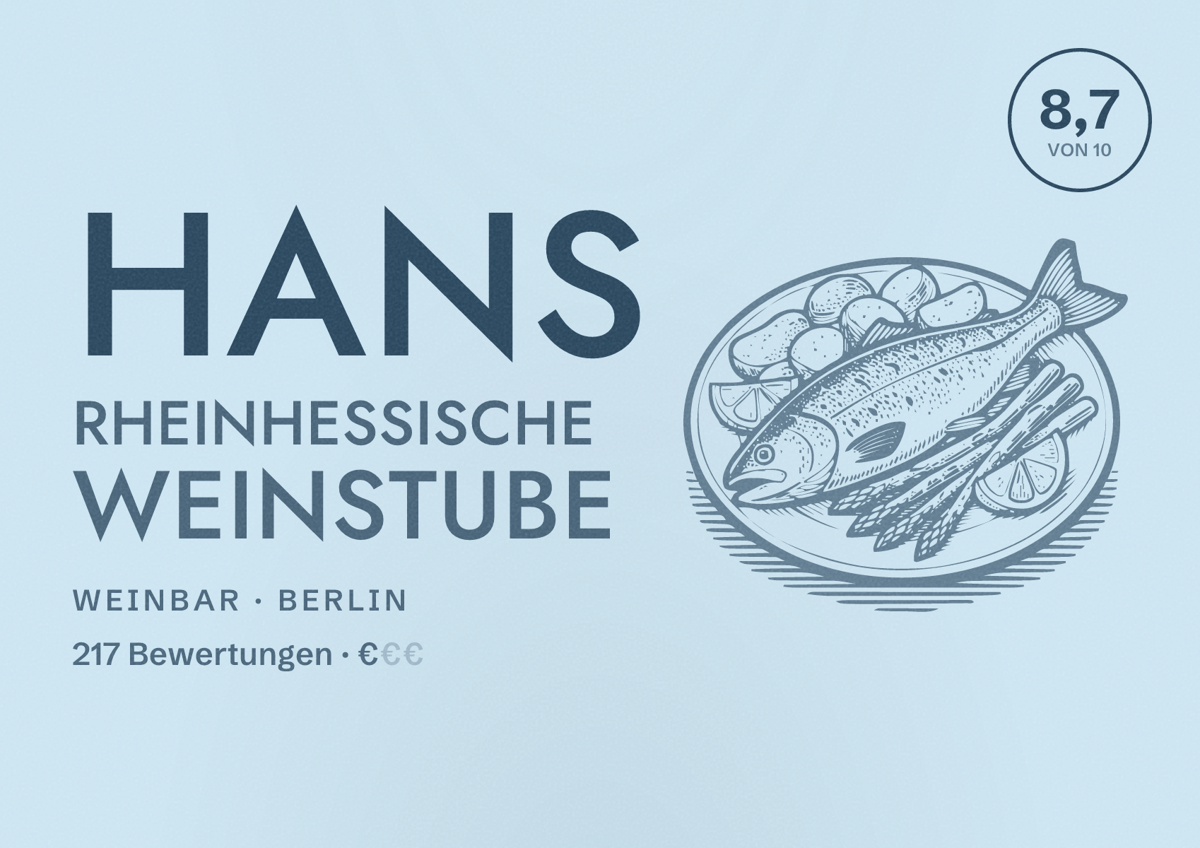 Illustriertes Poster von Hans Rheinhessische Weinstube, Weinbar in Berlin: Bewertung 8,7 von 10 aus 217 Bewertungen, Preisniveau €