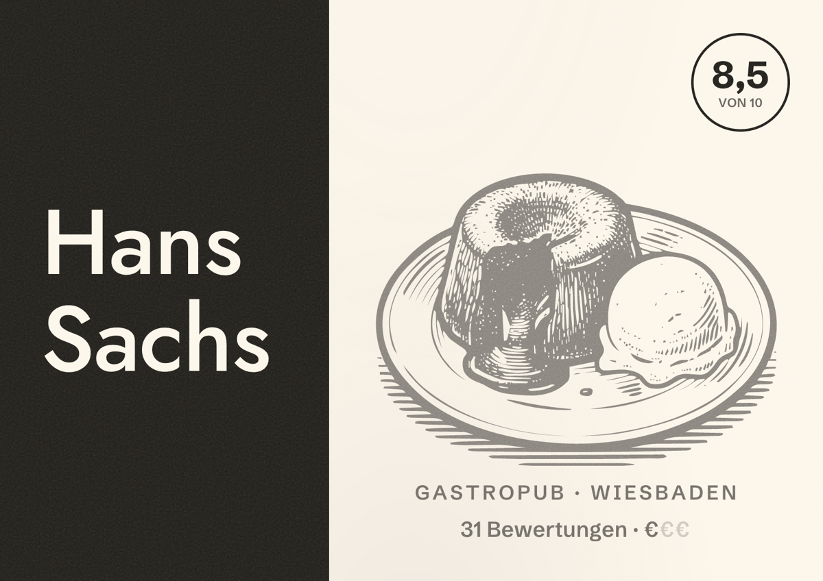 Illustriertes Poster von Hans Sachs, Gastropub in Wiesbaden: Bewertung 8,5 von 10 aus 31 Bewertungen, Preisniveau €