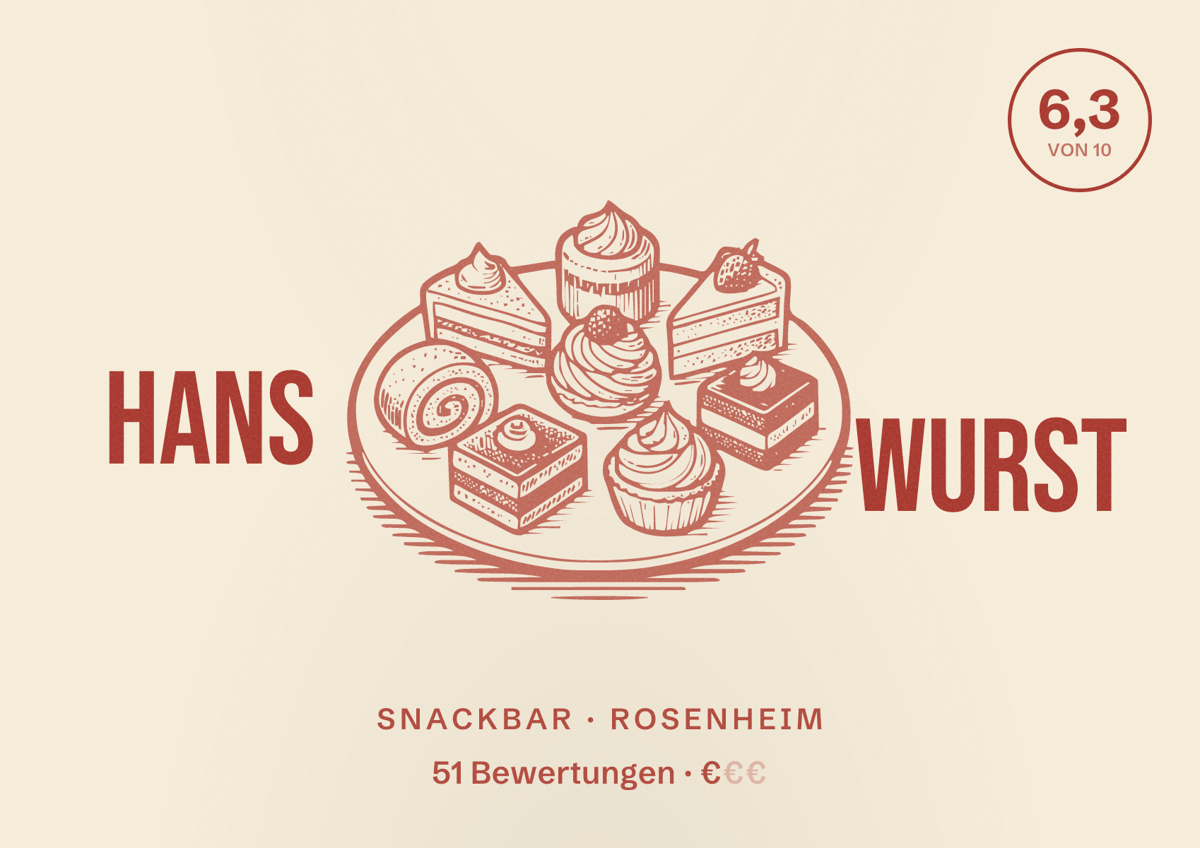 Illustriertes Poster von Hans Wurst, Snackbar in Rosenheim: Bewertung 6,3 von 10 aus 51 Bewertungen, Preisniveau €