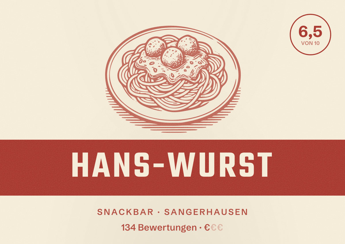 Illustriertes Poster von Hans-Wurst, Snackbar in Sangerhausen: Bewertung 6,5 von 10 aus 134 Bewertungen, Preisniveau €