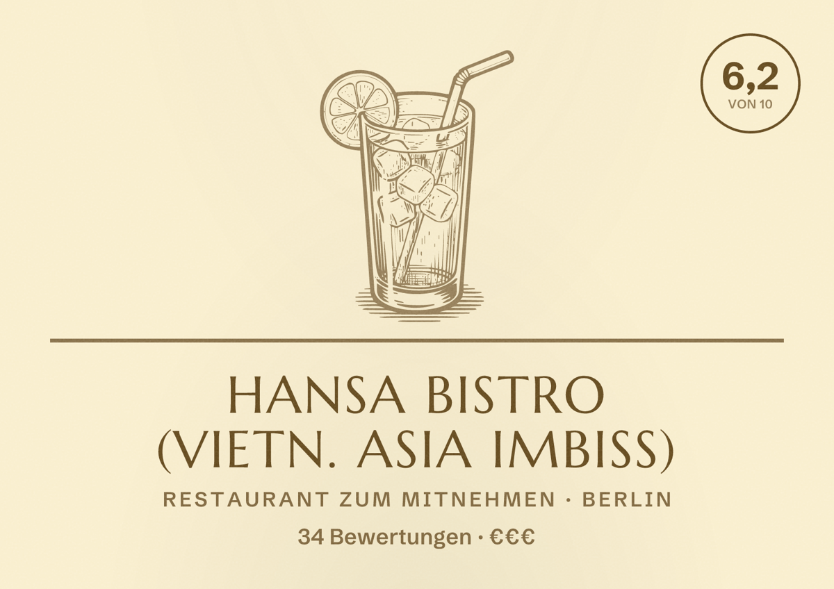 Illustriertes Poster von Hansa Bistro (vietn. Asia Imbiss), Restaurant zum Mitnehmen in Berlin: Bewertung 6,2 von 10 aus 34 Bewertungen, Preisniveau €€€