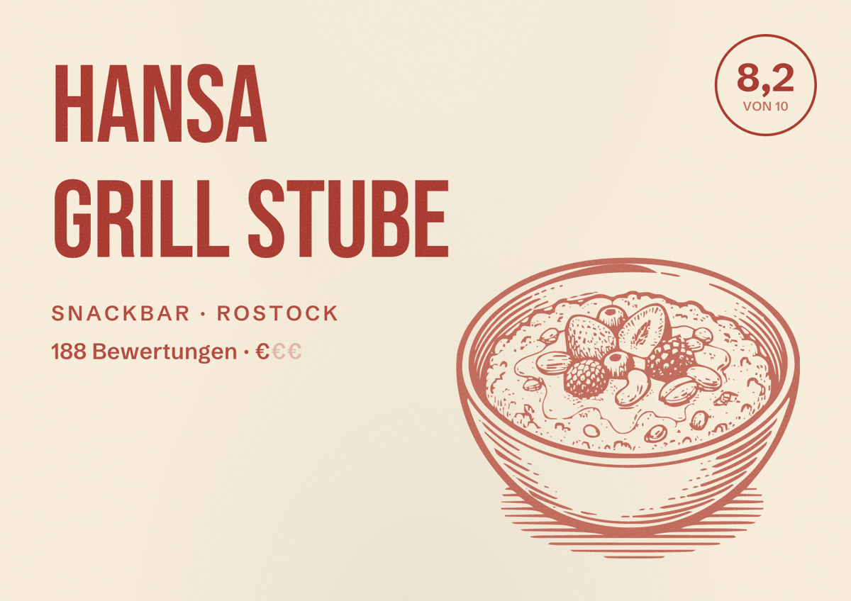 Illustriertes Poster von Hansa Grill Stube, Snackbar in Rostock: Bewertung 8,2 von 10 aus 188 Bewertungen, Preisniveau €